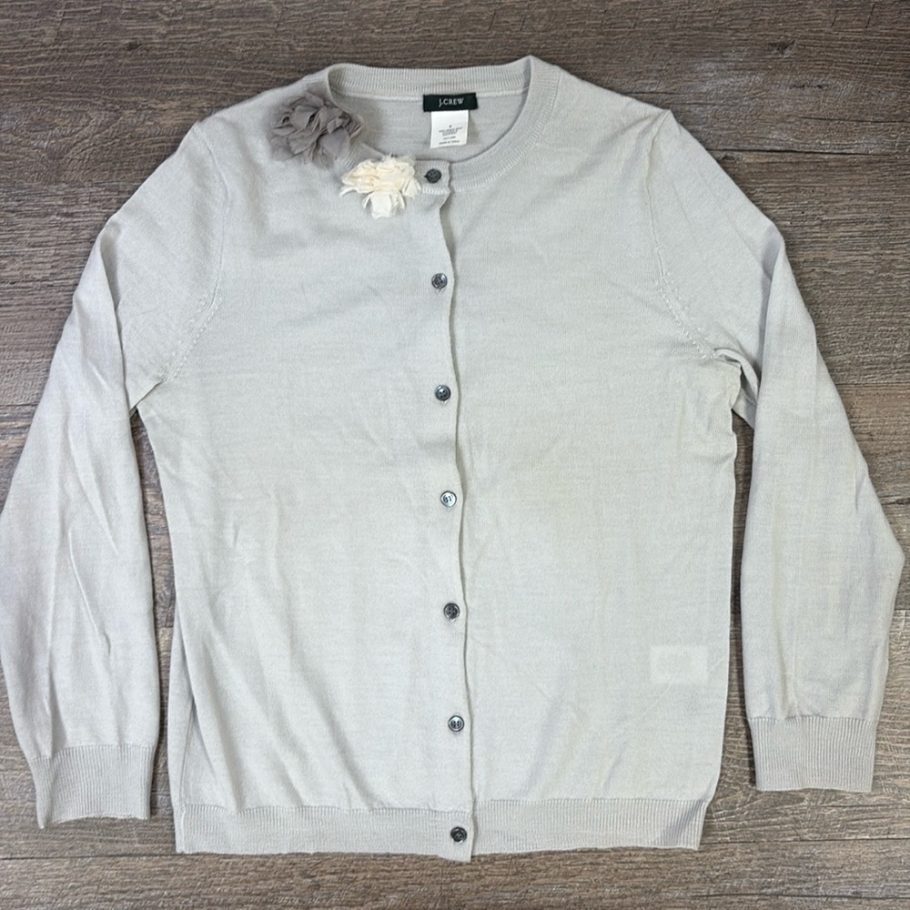 J.Crew 3D Floral Embellished Light Gray Merino Wool Cardigan Size Small